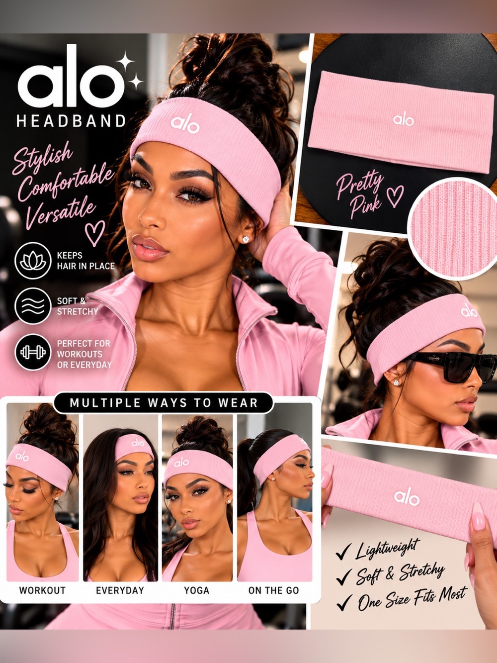 ALO Yoga Pink Ribbed Stretch Headband